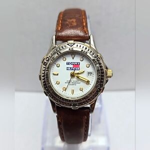 Womens Vintage Tommy Hilfiger Date Watch Rotating Bezel Leather New Battery